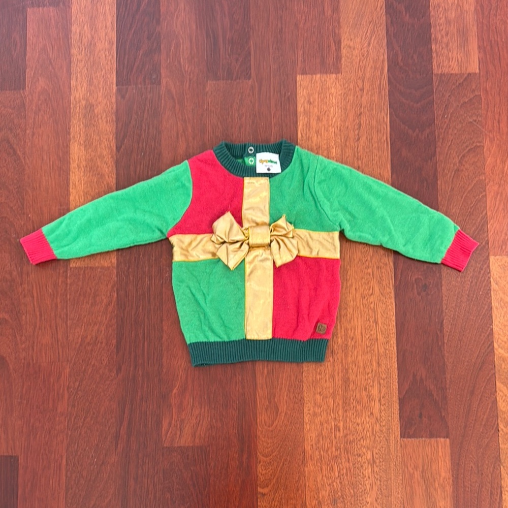Tipsy Elves Kids Green and Red Sweater with Gold Bow